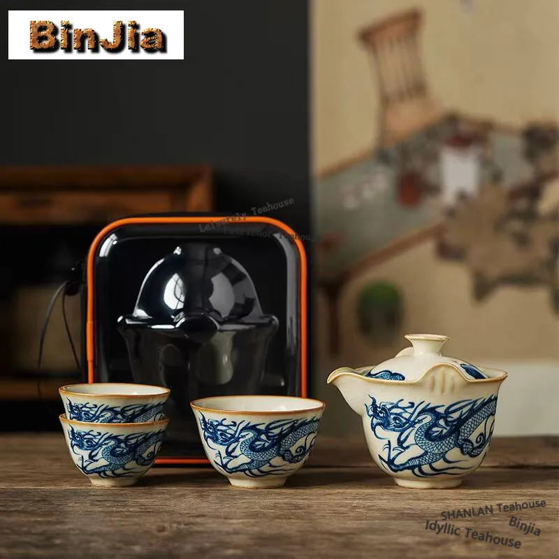 Retro Ru Kiln Fly Dragon Tea Set Kit Ancient 1 Pot 3 Cups Household Tea Maker Picnic Camping Protable Organizer Bags Supplies
