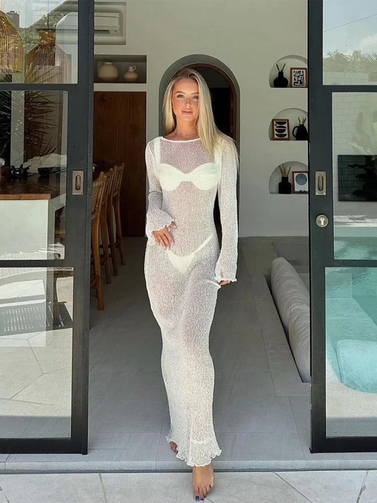 فستان شاطئ من التول الشفايف للنساء ، ملابس سباحة للسيدات ، ملابس سباحة بيضاء ، بيكيني ، فستان سباحة صيفي ،