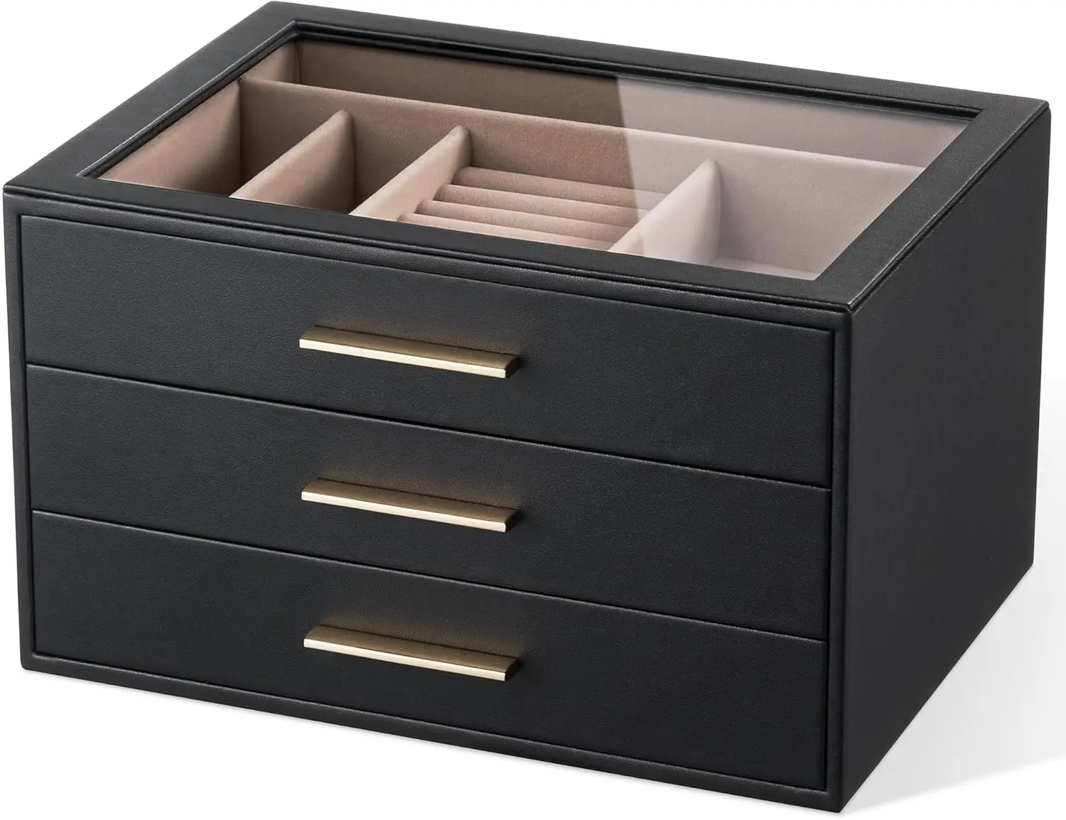 

3-Layer Jewelry Box Organizer with Glass Window, Black Leather & Blush Velvet, Ring Necklace Bracelet Holder – Perfect Gift for