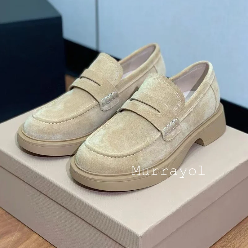 New Retro Thick Bottom Loafers Women Round Toe Cow suede Flat Shoe Spring Autumn Commuter Shoes  Walking Shoes Single Shoes