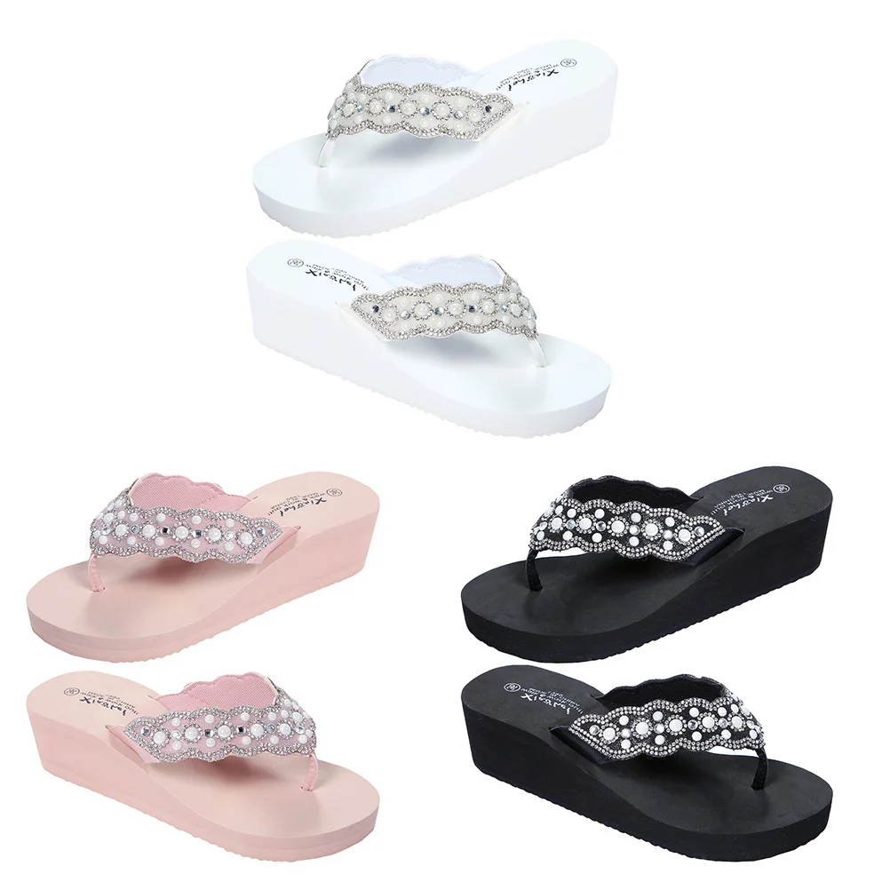 Sandalias Bling Zapatillas Perla Zapatos de Mujer Playa Verano para Parte Superior Blanca Material: Pu Artificial Miss