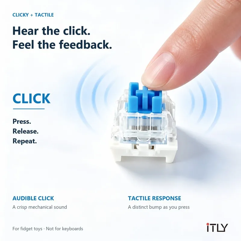 Pinless Blue Clicky Fidget Switch No Feet Stress Relief Clicker Toy with 303 Lobster Clasps ASMR DIY Keychain Making Gadget