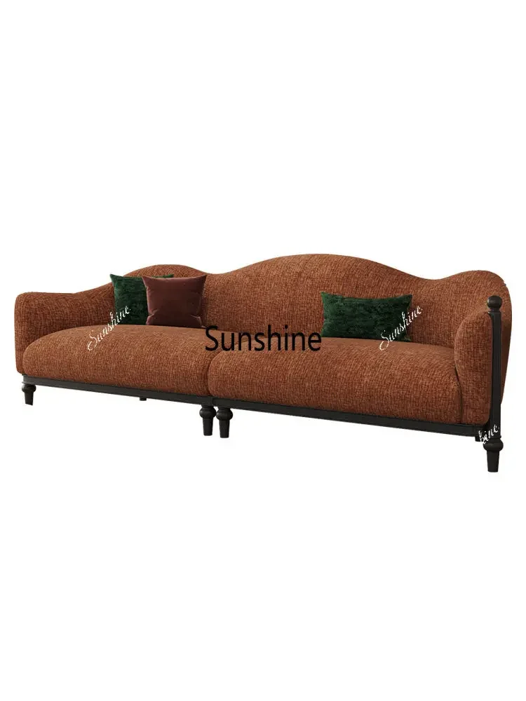YFrench retro solid wood fabric small apartment living room straight row chenille sofa
