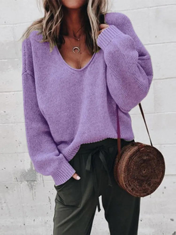 Casual Knitted Sweater Women Streetwear V Neck Long Sleeve Pullovers Loose Solid Coat 2024 Autumn Winter Fashion Women\'s Sweater