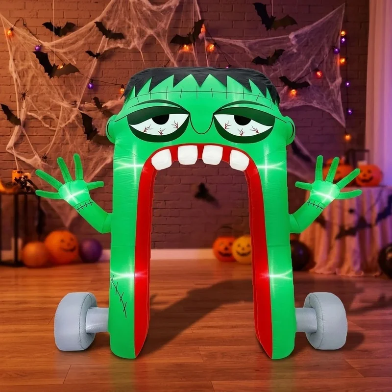 Inflatable Frankenstein Arch Green Face Stitched Design with LED Light for Halloween Entrance Atmosphere Decoration Prop Display