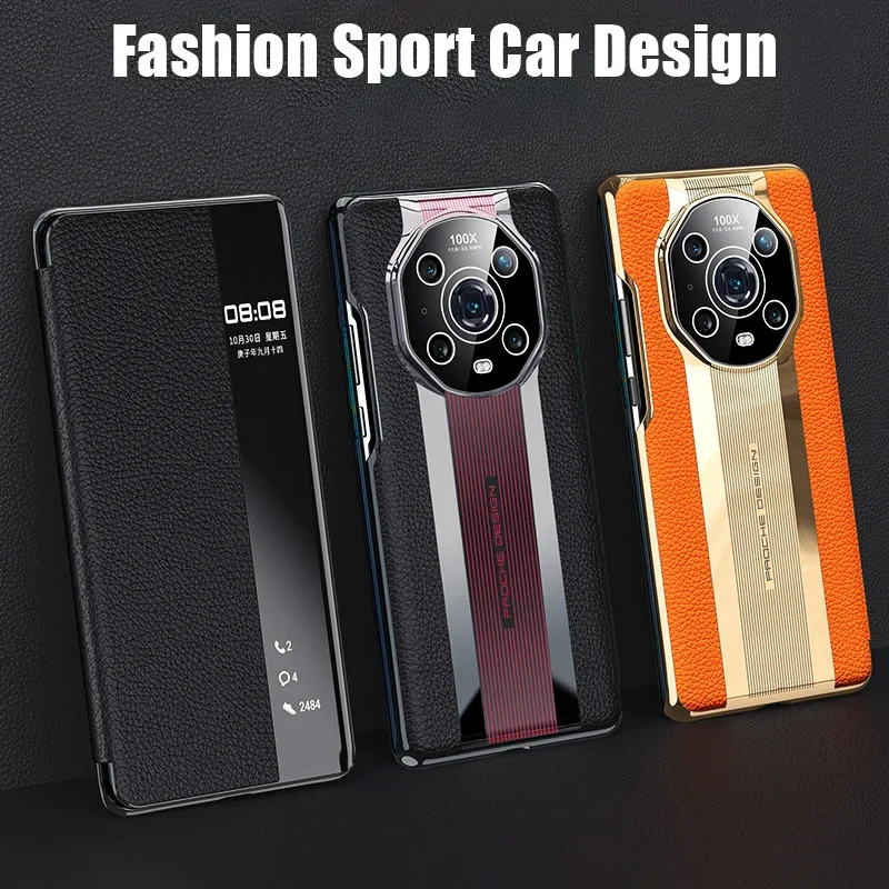 

Luxury Genuine Leather Flip Cover Case for Honor Magic 3 4 Pro Plus Ultimate Mate 50 Pro Smart View Wake Sleep Sport Car Call ID