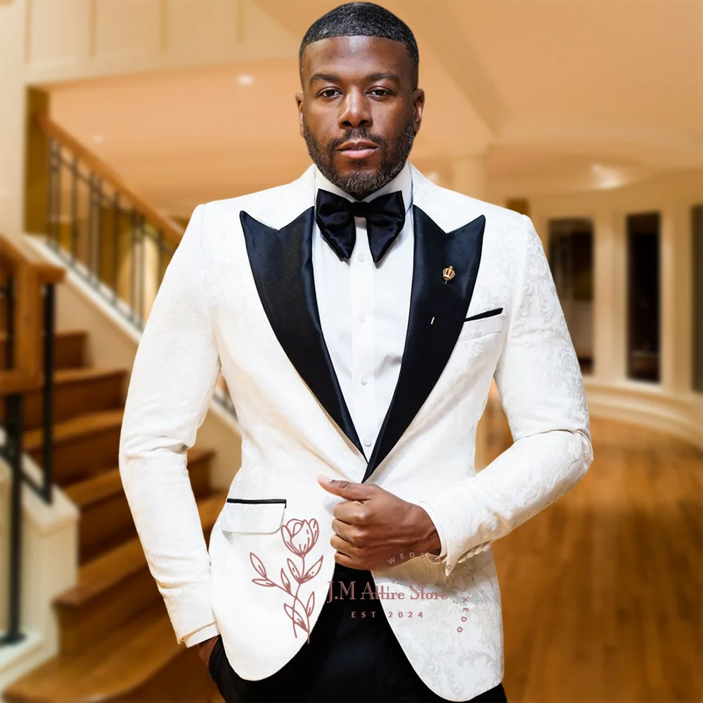 

Premium Men 2 Piece Tuxedo Off White Brocade Peak Lapel Jacquard Blazer with Pants for wedding banquet prom meeting custom suit