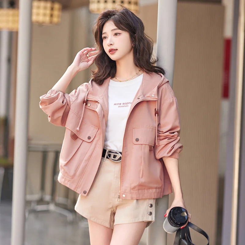 Pink Short Jacket For Women\'s Spring Autumn 2024 New Fashion Loose Casual Versatile Hooded Work Jacket Top With Lining Outwear