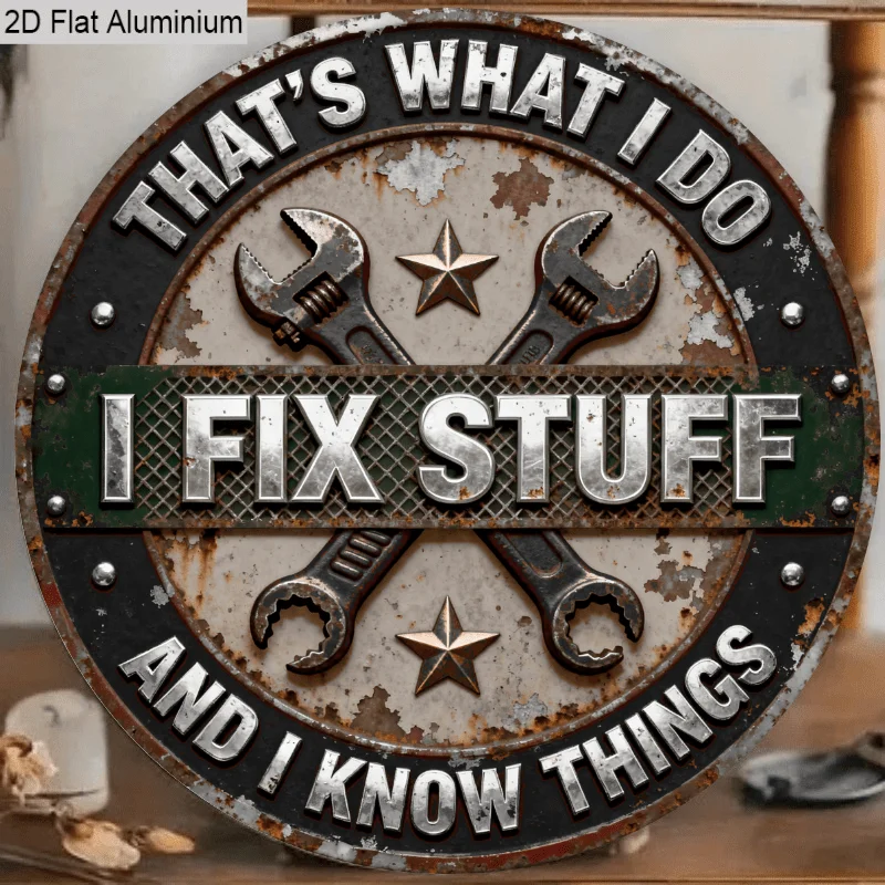 2D Flat, 1pc Rustic Style Humorous Round Wall Art Sign, My Job Is to Fix Things, I Know Some Stuff, Great Father'S Day Gift, Sui