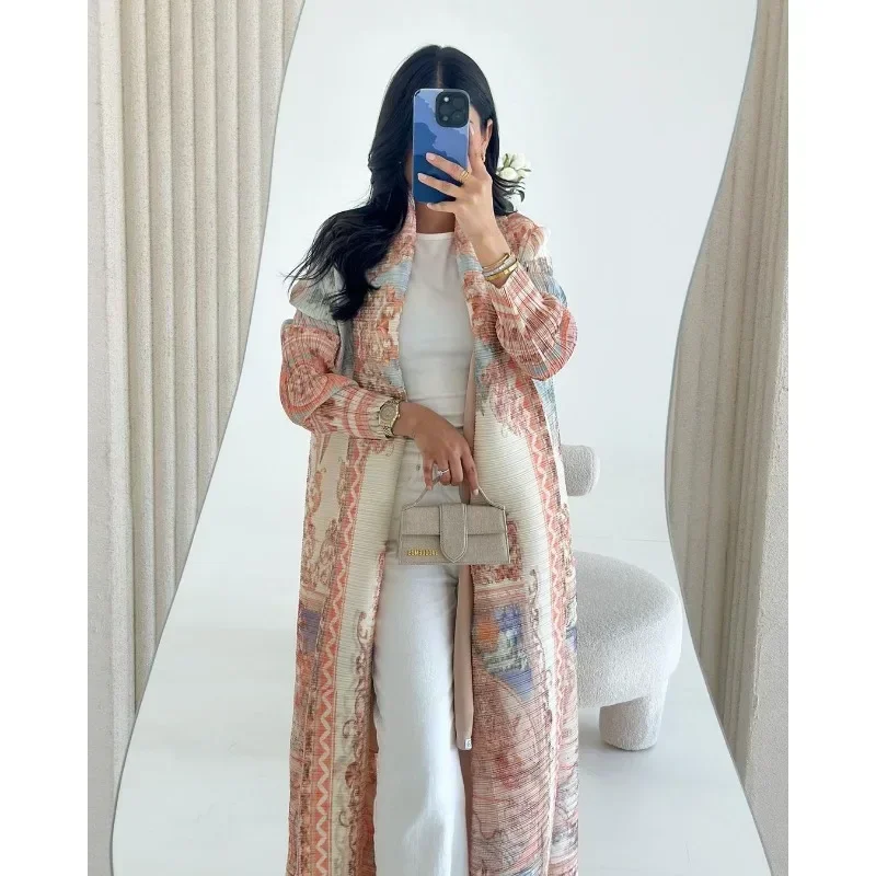 KAF Pleated Women Trench Coat Vintage Printed Cardigan Design Loose Plus Size Women Long Dress Dubai Female Luxury Abaya 2024