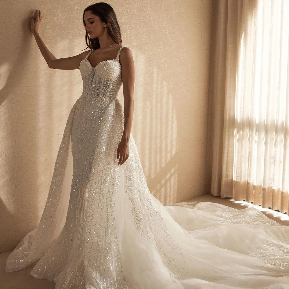 White Beaded Wedding Dresses Mermaid Spaghetti Wedding Gowns with Detachable Train Backless Brides Dresses Vestidos Custom