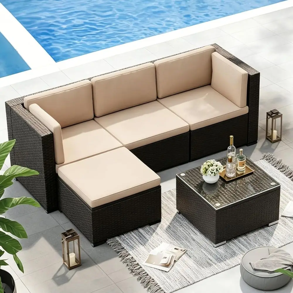

All-Weather PE Rattan Outdoor Patio Sectional Sofa Set with Ottoman, Glass Coffee Table, and Cushions for Backyard, Garden, Porc