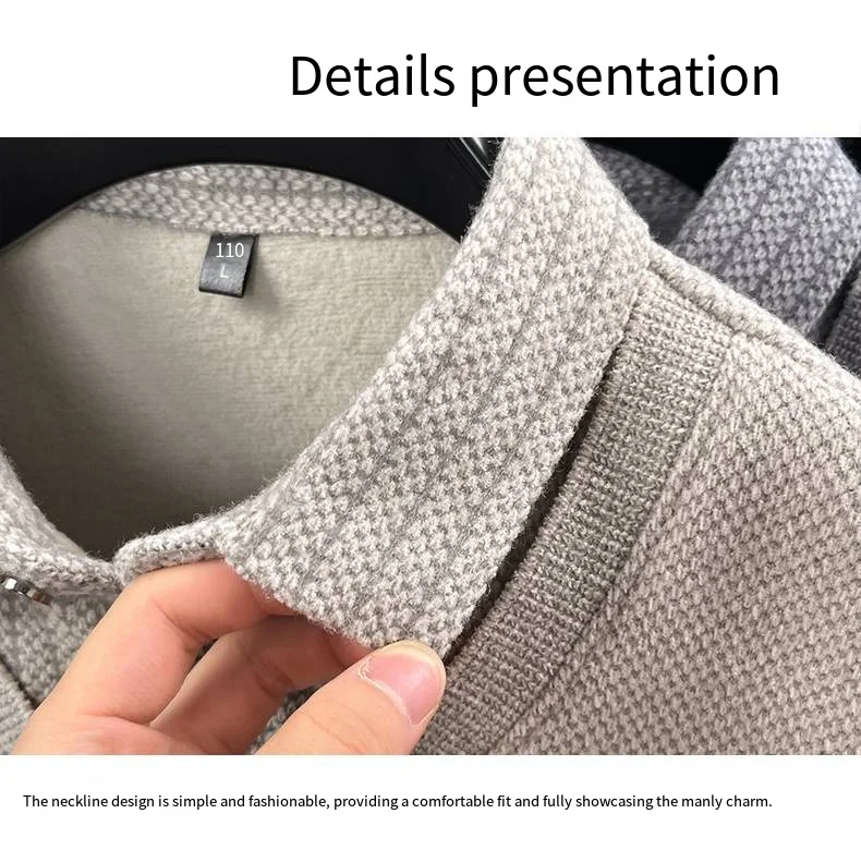 Komfortables Herren-Langarm-Poloshirt, Zweiteiliges Design mit Revers und Knöpfen, Exquisite Stickerei, Verdicktes Fleecefutter, Winter-Freizeit-Oberteil – Detail 7