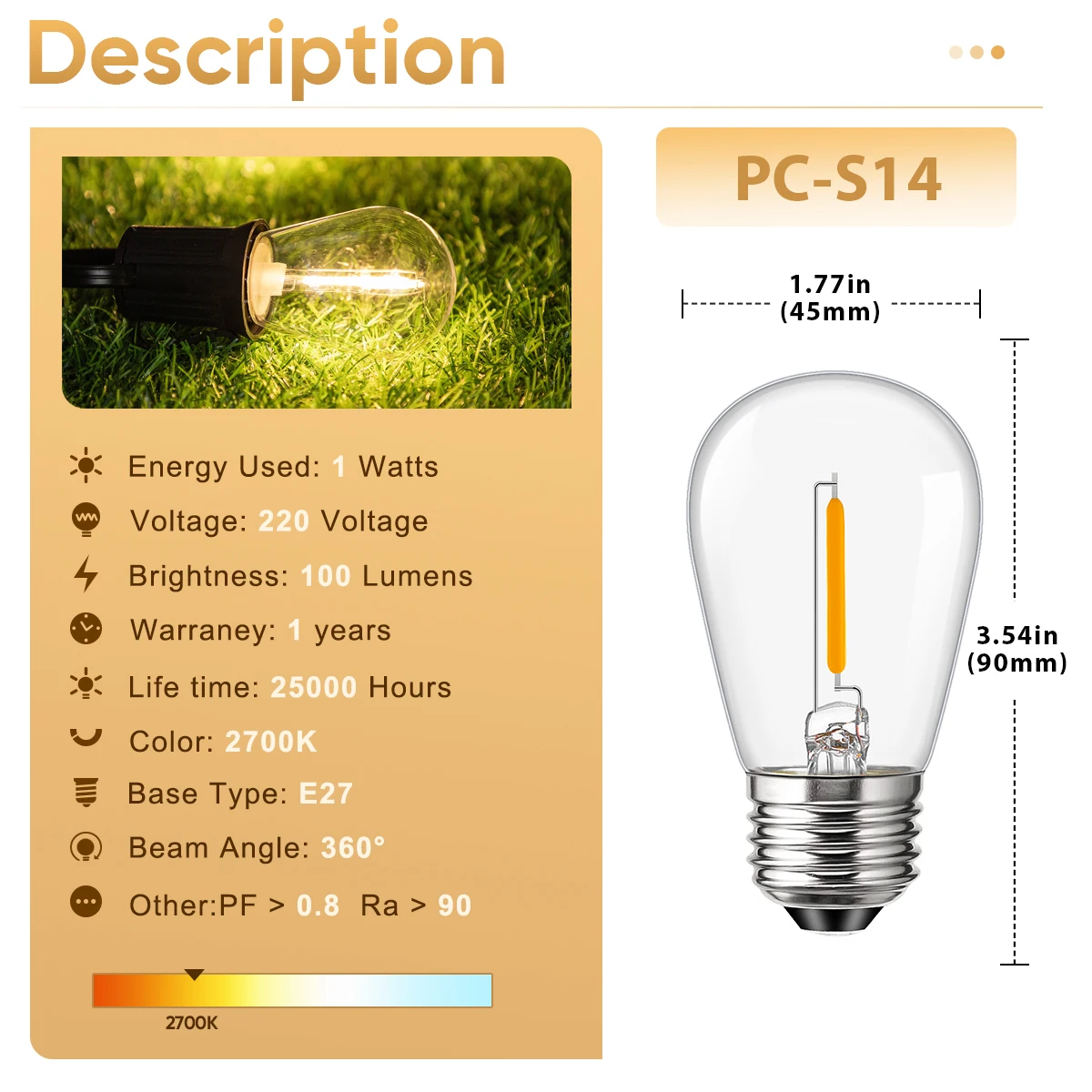 หลอดไฟ LED S14แตก E27หลอด220V 1W โคมไฟเส้นใยพลาสติกสีขาวอบอุ่นกันน้ำพวงมาลัยตกแต่งถนนสวนตกแต่งบ้าน