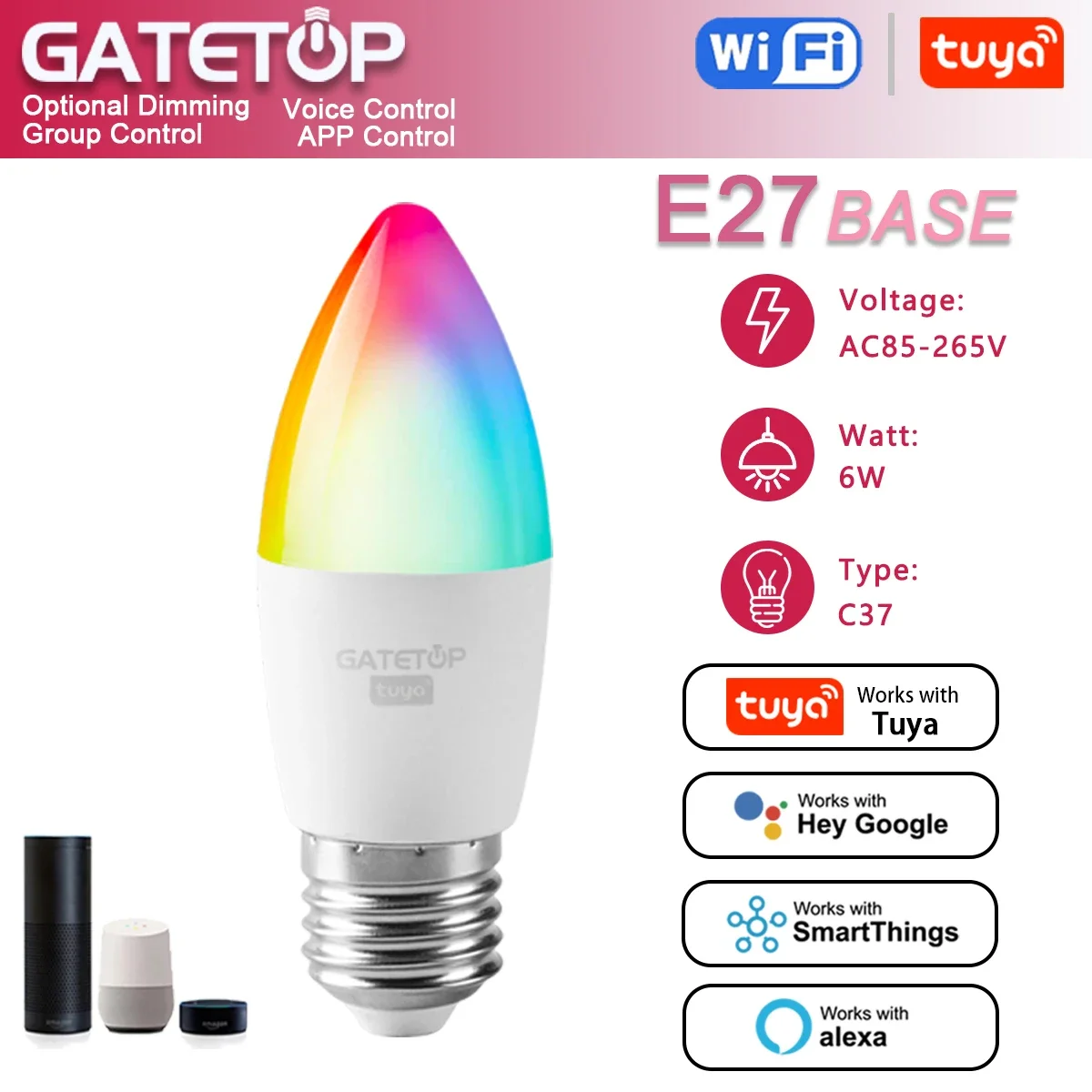 

Matter-bombilla inteligente, C37 E14 Tuya RGB Led con Wi-Fi, AC 110V 85V-265V, para Google Assisatnt Smart Life, свет с регулируемой яркостью