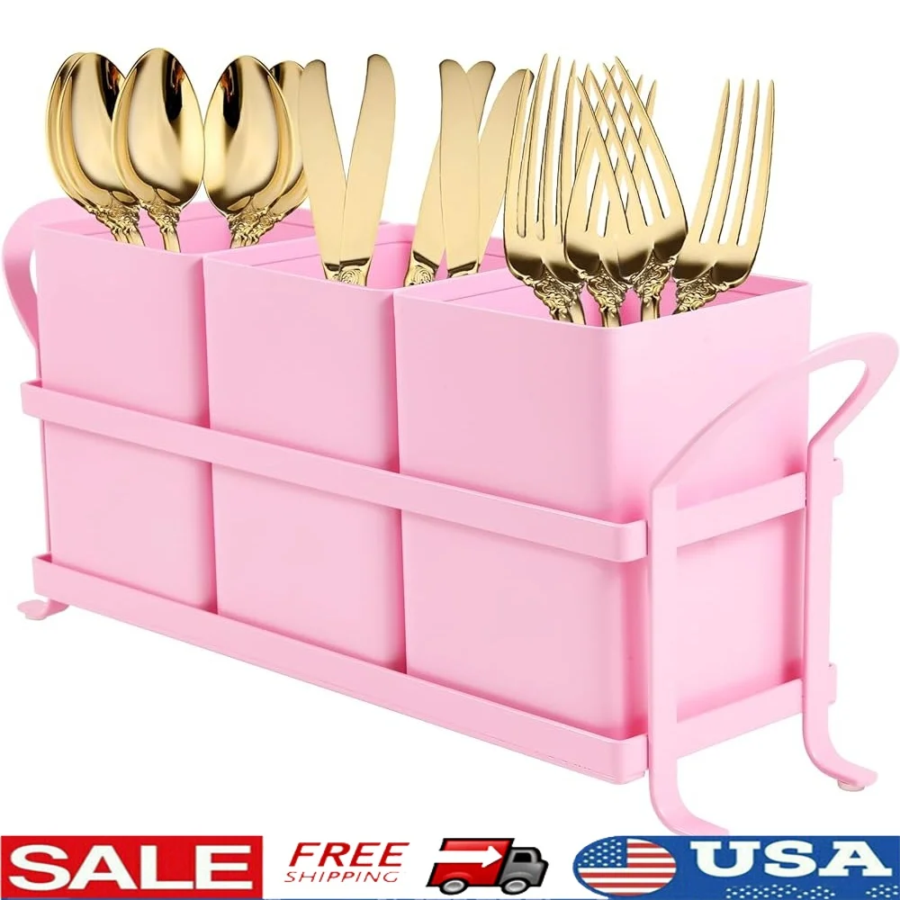 

3 Compartment Metal Utensil Caddy Cutlery Organizer Kitchen Dining Outdoor BBQ Picnic Silverware Holder
