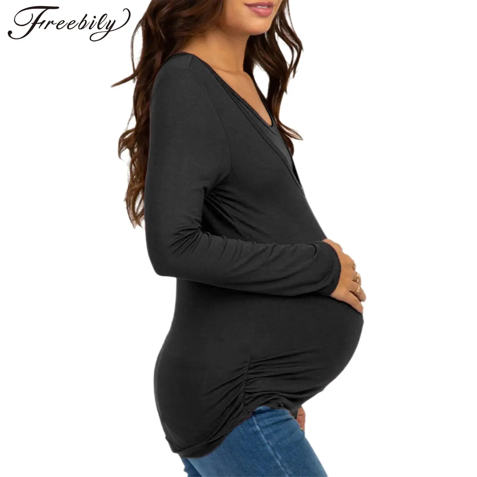 

Футболка для беременных и кормящих мам с длинным рукавом, круглым вырезом и драпировкой, повседневная одежда для прогулок весной