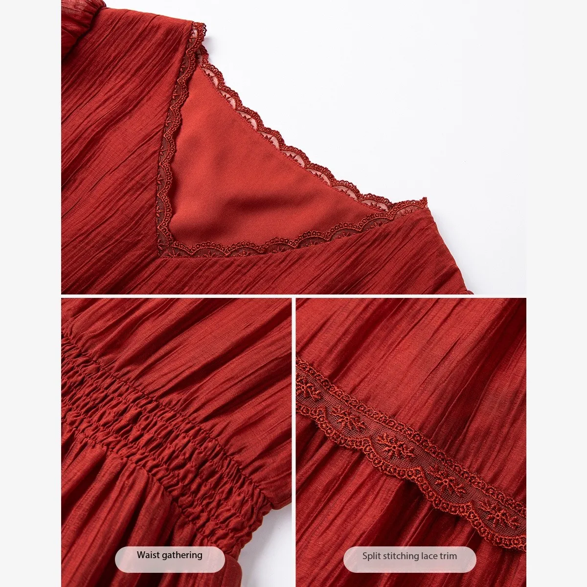 VIMLY Women Summer Midi Dresses Woman 2025 Elegant Ladies Lace V-neck Short Sleeve Smocked Waist Red Dress Robe Femmes A1625