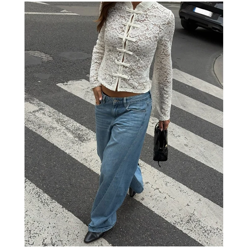 Lace-spliced Transparent Top Chinese Style Traditional Frog Button Flare Long Sleeve Short Blouse 2026 Lady Elegant Party Tops