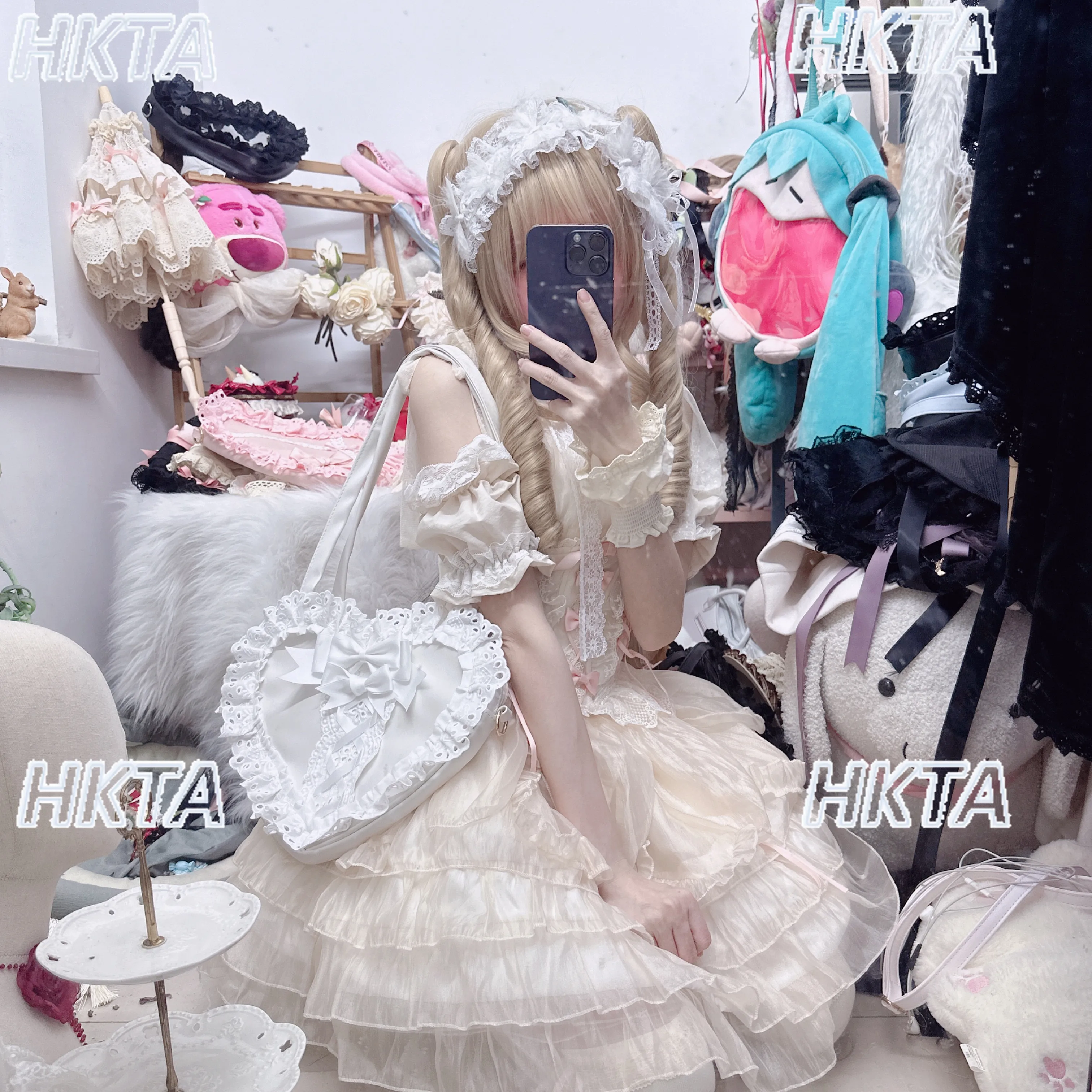 Japanese Style Element Heart-shaped Lolita Bag Women's Cute Sweet Girl Bow Lace Ruffled Edge Pain Bag Shoulder Bags Backpack