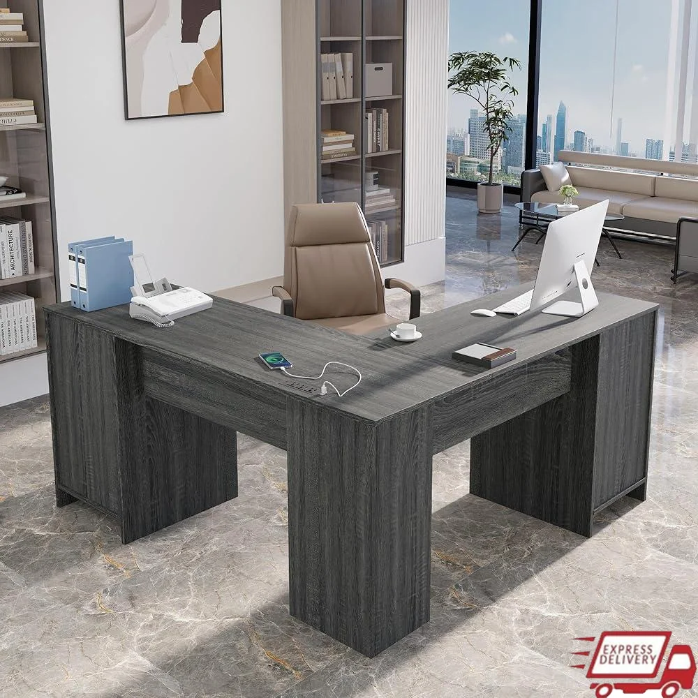 L Shaped Desk with File Cabinet Corner Computer Desk Power Outlets USB Charging Multiple Monitor Workspace Storage Modern Office