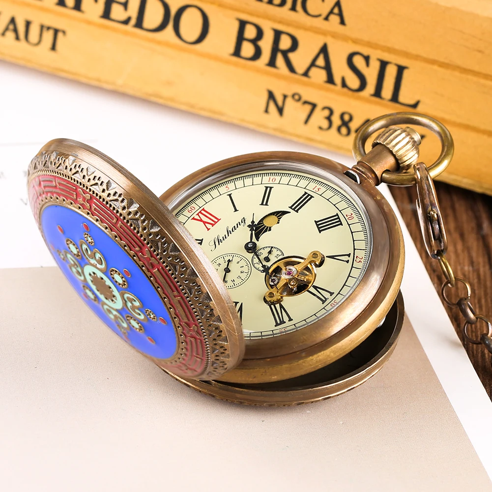 Tourbillon Mechanical Men's Pocket Watch Luxury Brass Antique Pendant Pocket Clock Roman Numerals Dial Self Winding Timepiece