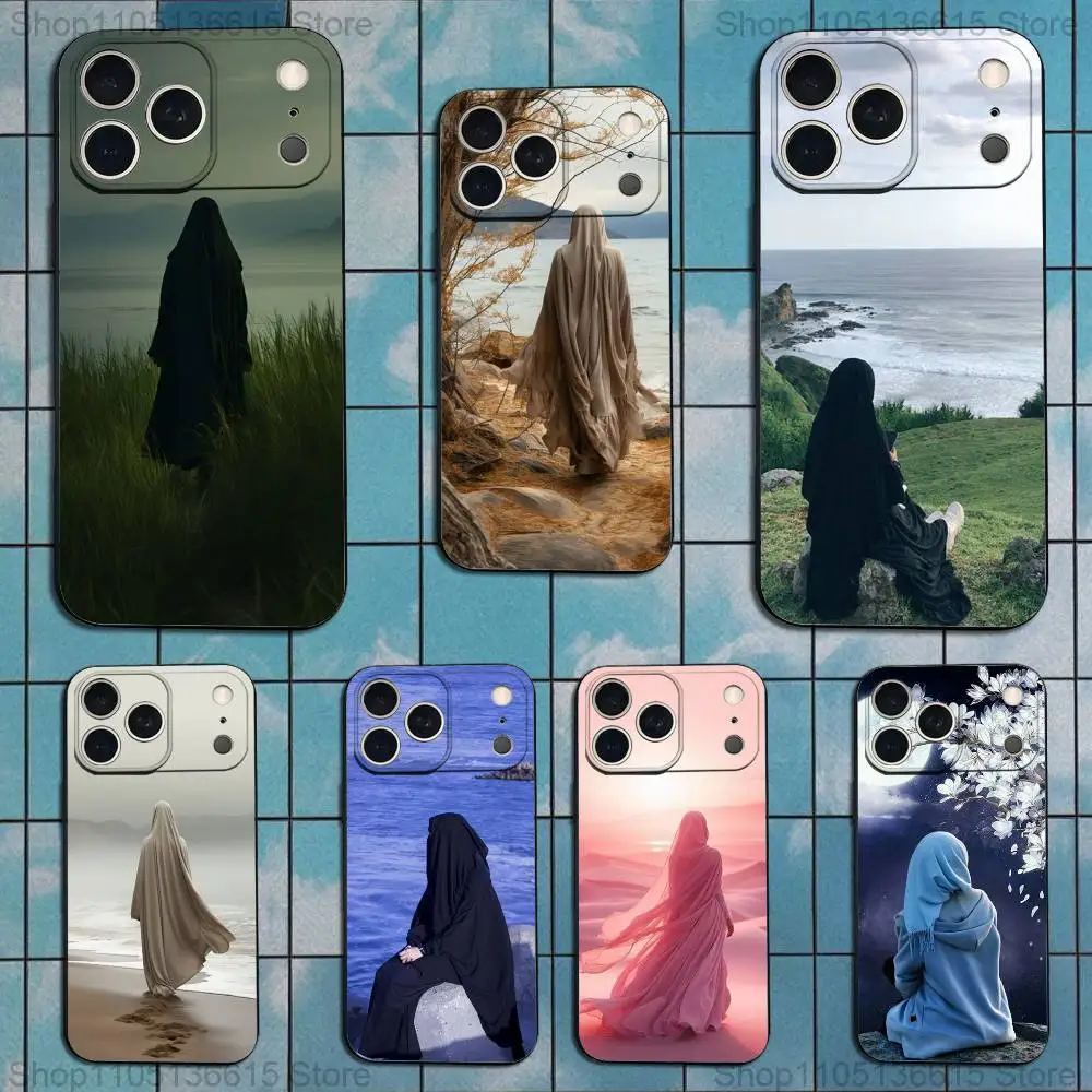 

Muslim Arabic Girls Phone Case For iPhone 17,16,15,14,13,12,11 Plus,Pro Max,XS,X,XR,SE,Mini,8,7,Soft Silicone Black Cover