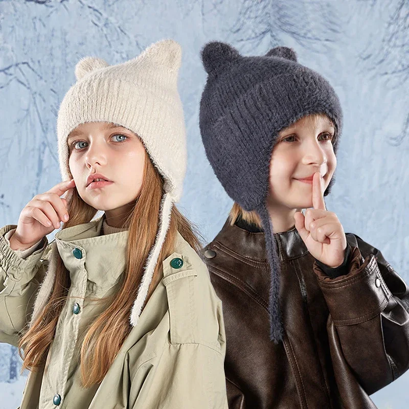 Autumn Winter Kids Hat Cartoon Cute Cat Ear Knitted Woolen Cap Outdoor Warm Solid Color Windproof Ear Protection Hood Boys Girls