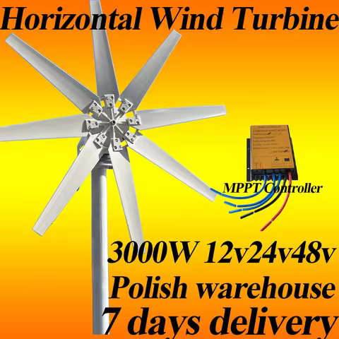 Household horizontal axis wind turbine 500W-5KW roof/yard installation off grid power supply 12V/24V/48V with MPPT controller