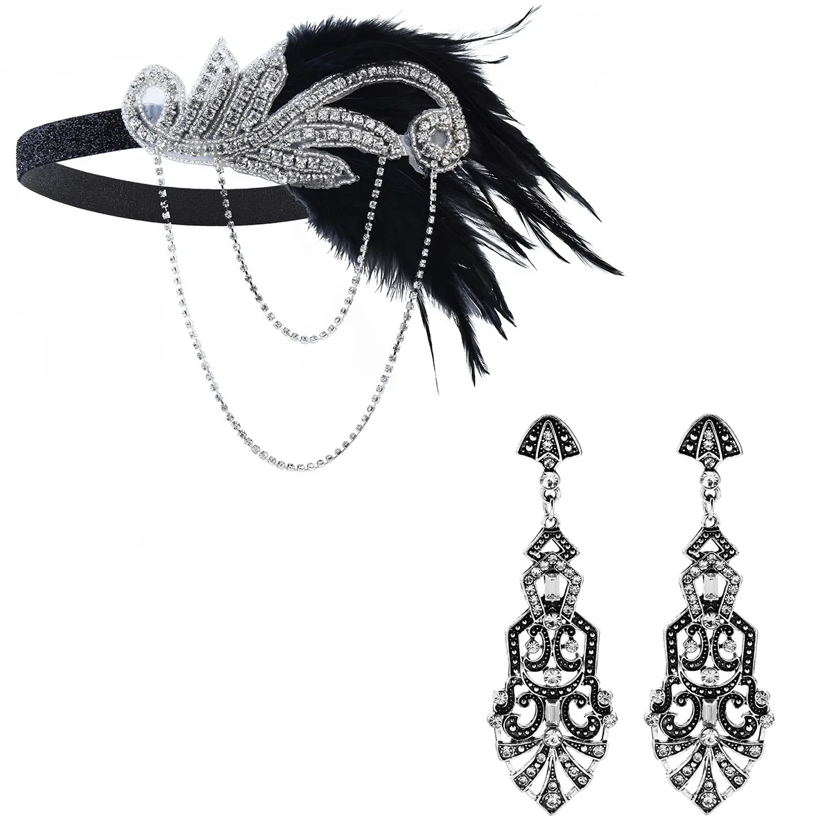 1920 Gatsby Accessories Makeup Ball Single Party Halloween Party Set Silver Note Headband Earrings 2PCS