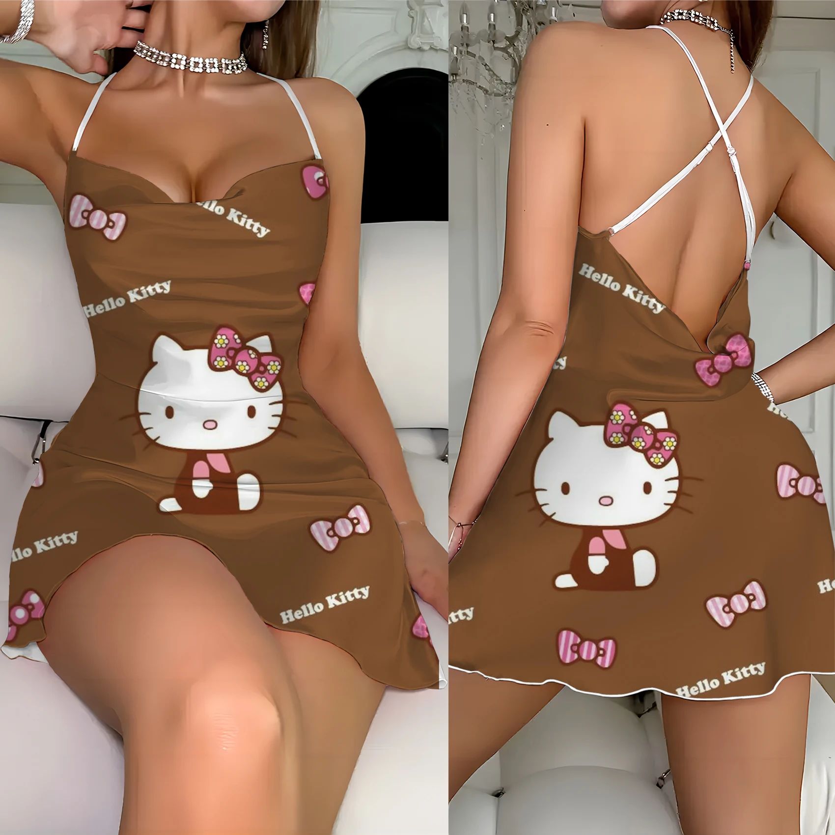 Slip Dress Elegant Gown Hello Kitty Woman Clothes Holiday Outfits Womens Fashion Summer Dresses 2024 Crew Neck Lettuce Trim Neck