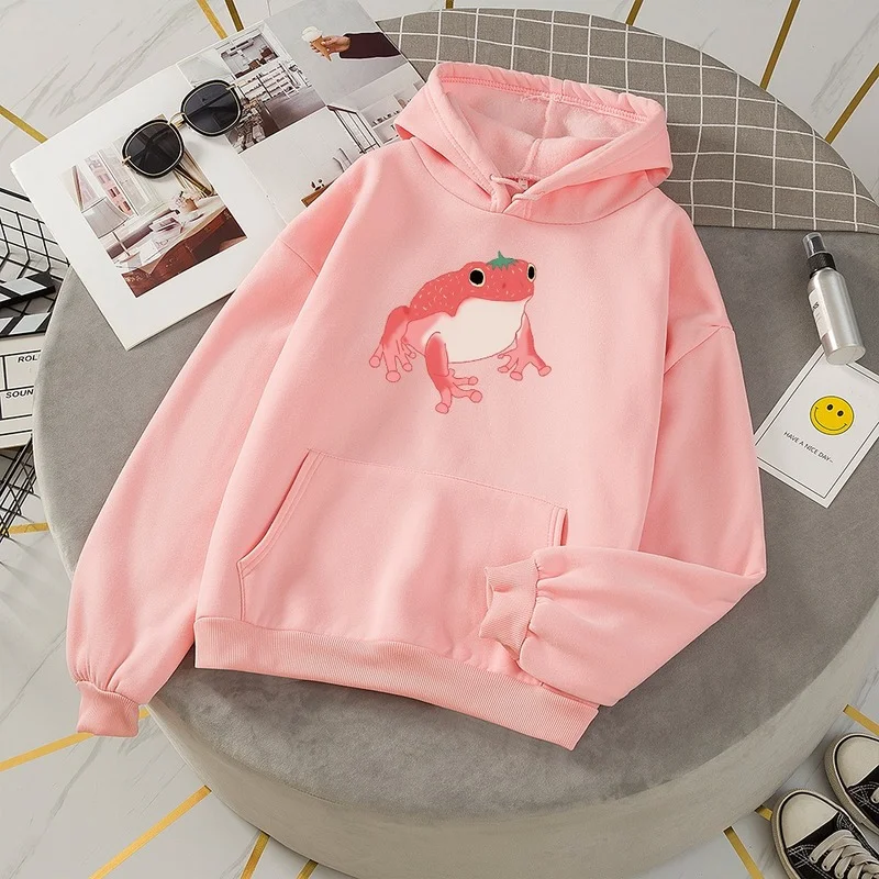 Harajuku Long Sleeve Hooded Kawaii Hoodie for Girls Frog Sweatshirt Oversize Clothes Winter Hoodies with Pocket Pink Sweatshirts