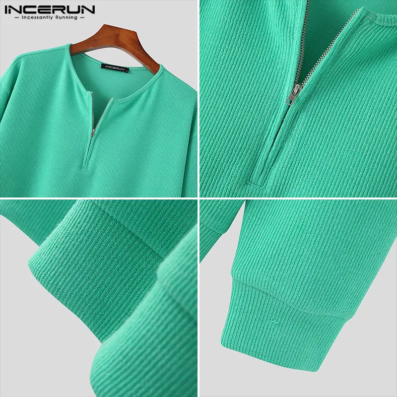 INCERUN-suéter informal de estilo coreano para hombre, Tops sencillos, a la moda, para fiesta, color sólido, con media cremallera, S-5XL