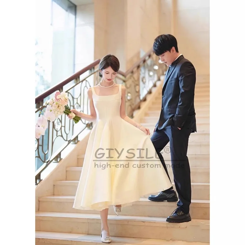 GIYSILE Abiti da sera posteriori con cinturino a trapezio senza maniche in raso leggero con colletto quadrato alla moda bianco personalizzato