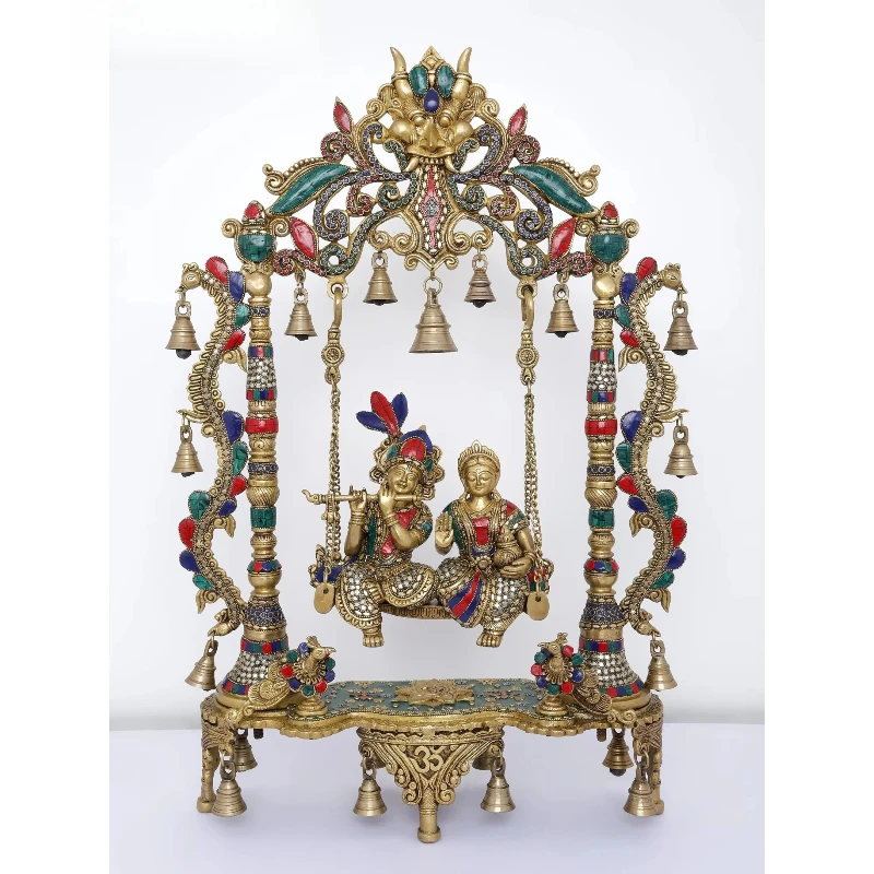

29-Inch brass statue, mosaic and bell sculpture