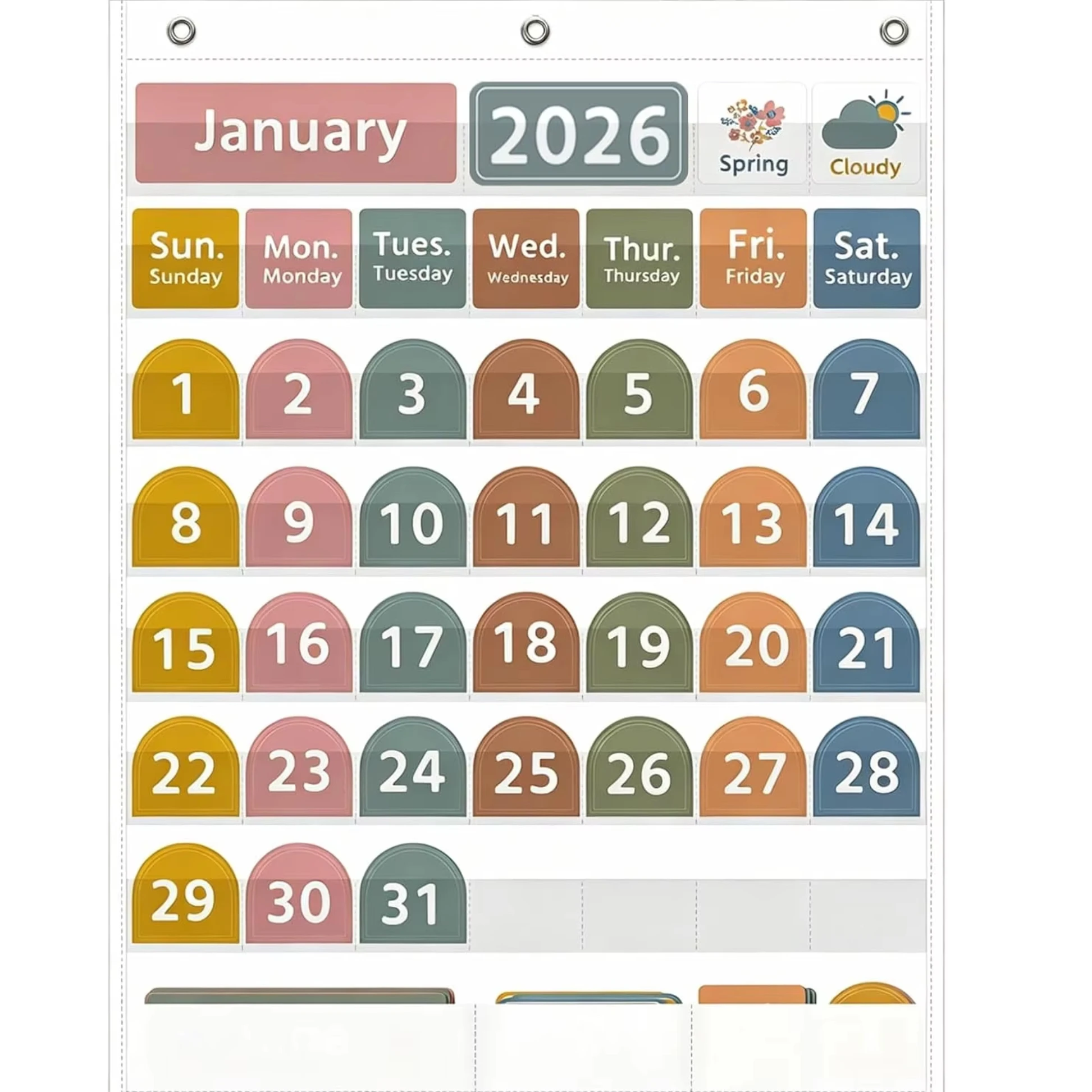 Gráfico de bolsillo grande para calendario de aula con 96 tarjetas Gráfico de bolsillo meteorológico mensual blanco para aprendizaje de niños