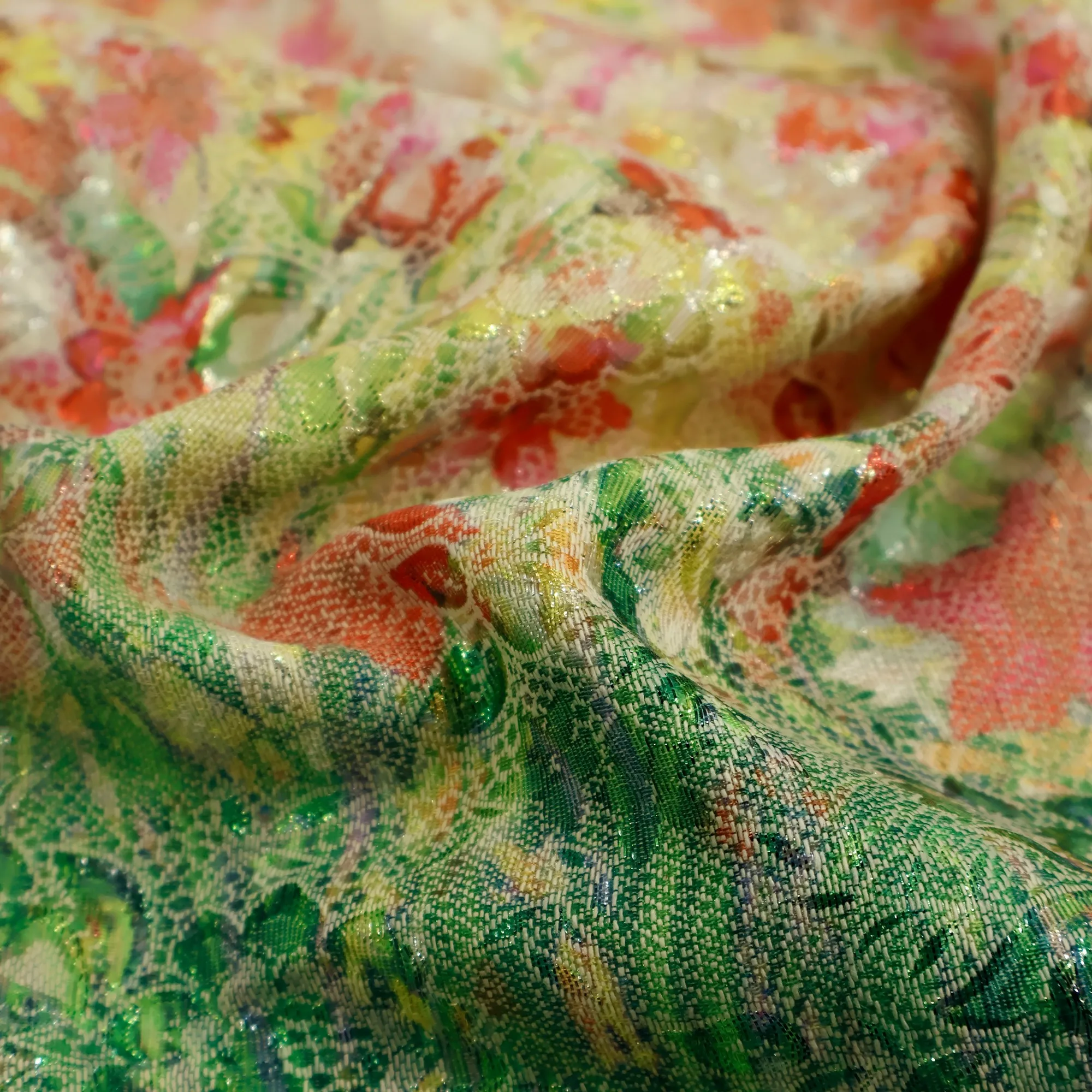 2 Yards of Designer Oil Painting Brocade Fabric with Gold Thread, Moss Green + Orange-Red + Beige Gradient Jacquard Fabric, Hanf
