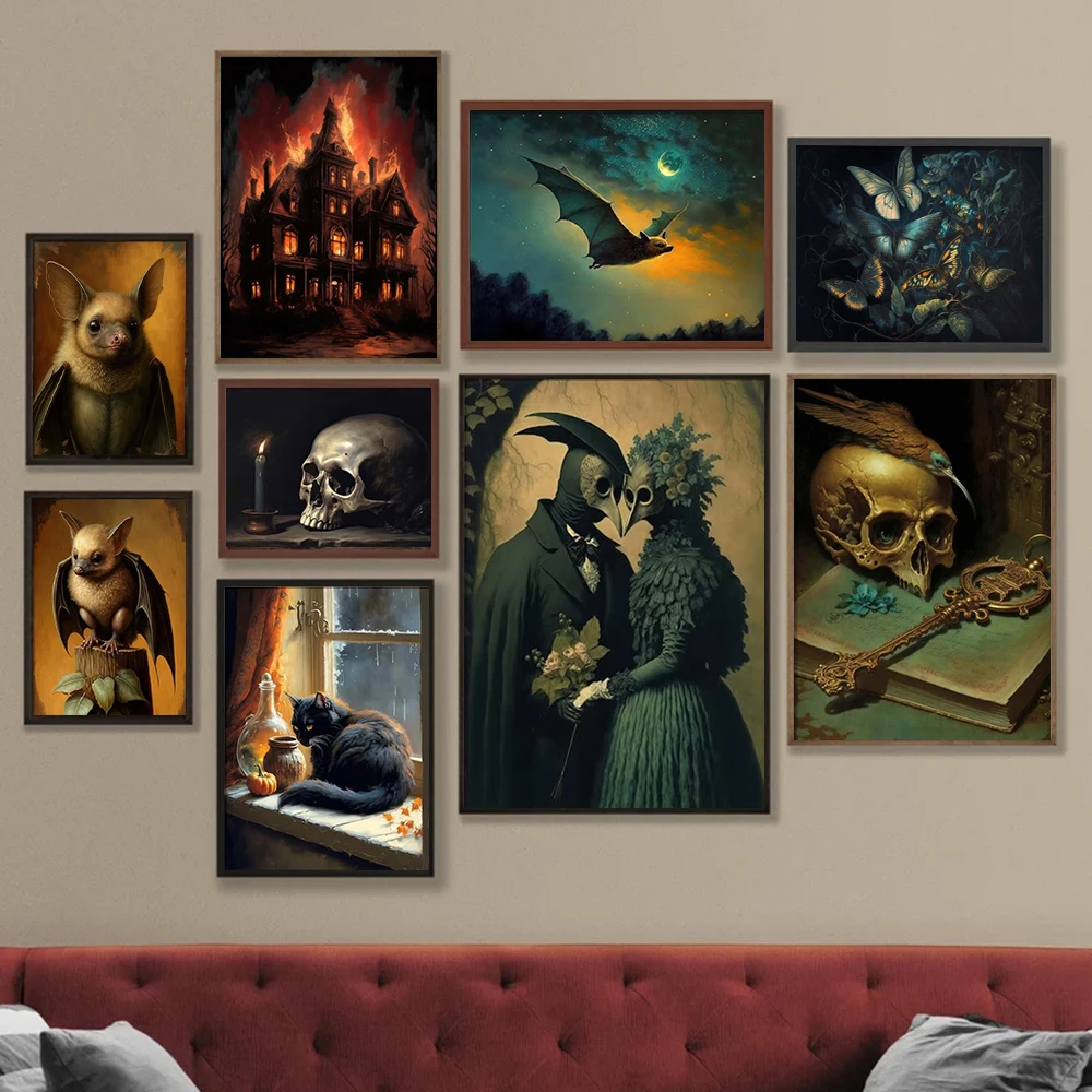 Dark Academia Art Vampire Bat Poster Prints For Gallery Living Room Home Decor Victoria Gothic Witch Canvas Painting Wall Art