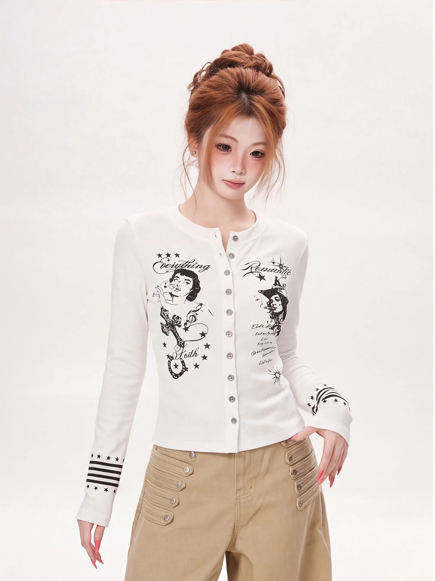 Slim Fit Long Sleeve T-Shirt Women's Short Style Retro Print Button up Top Ant American Vintage Light Cotton Casual Shirt