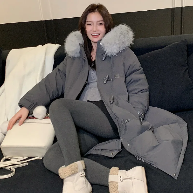 Winter Trend Horn Taste Lange Parkas Mantel Frauen Oversize Pelz Kragen Mit Kapuze Baumwolle Jacke Elegante Verdicken Warme Baumwolle Gefütterte mantel