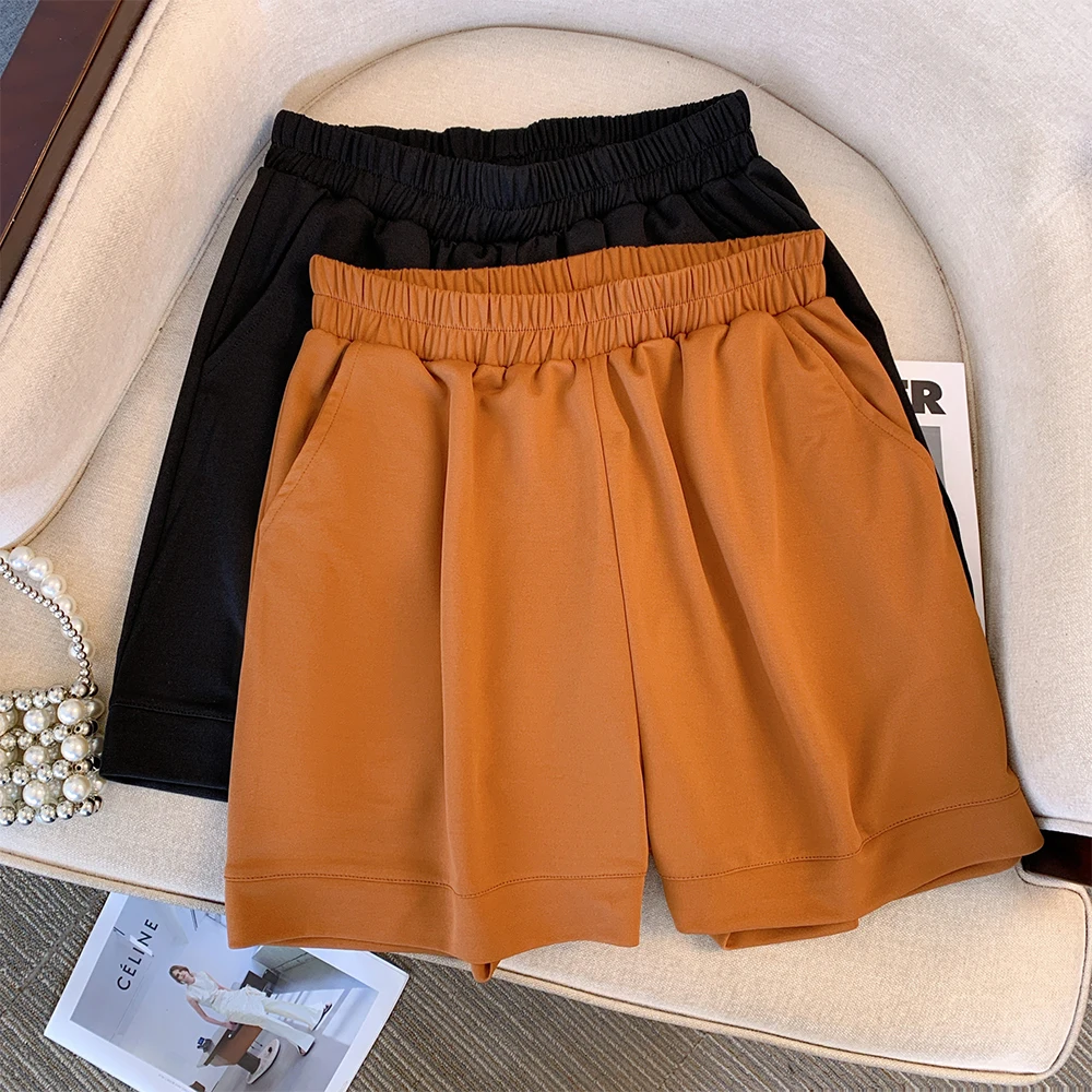 

Plus size women's summer casual shorts Solid color polyester fabric elastic waist all matching hot pants loose and comfortable