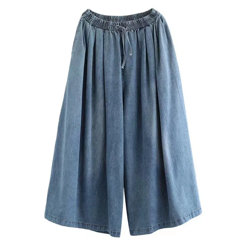 Pantalones vaqueros de pierna ancha para mujer, moda Primavera Verano, cintura elástica, Color sólido, pantalones vaqueros informales sueltos simples, pantalón suave y acogedor para mujer