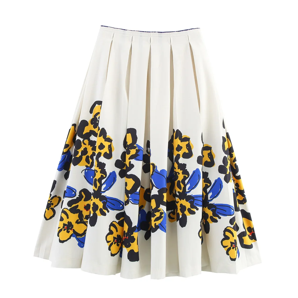 

women's comfortable temperament printed wide pleated skirt summer new fashion versatile high waisted skirt