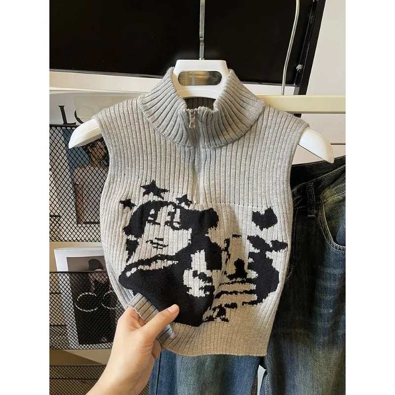 Deeptown Vintage Y2k Sweater Vest Graphic Cropped Knitwear Sleeveless Summer Turtleneck Pullover Korean Style Anime Streetwear