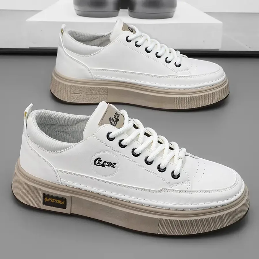 

Unisex Beige and Milk Tea Brown Color-blocked Thick-soled Sneakers Low-top Retro German Training Shoes Large Size Height-increa