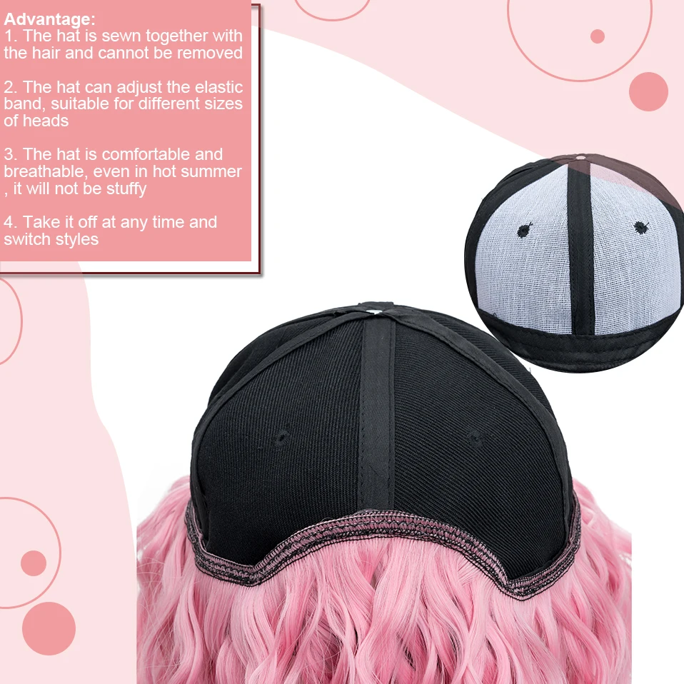 Hairro Synthetic 9 Colours Bob Wavy Hair with Baseball Cap Hat with Hair Wig Black Pink BOB Hair Short Wigs Extensions for Women