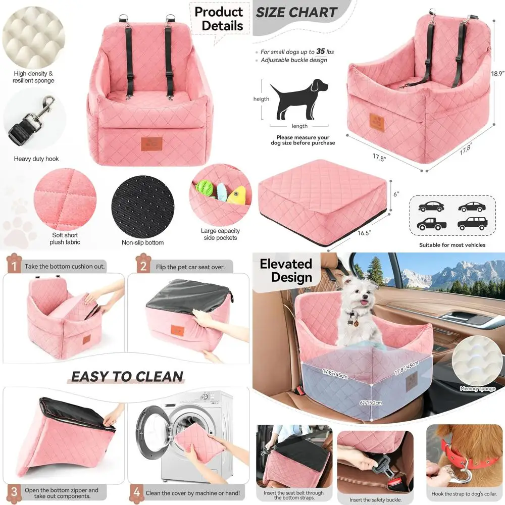 

Plush Cushioned Dog Car Seat for Small/Medium Dogs Under 35lbs with Detachable Washable Cover and 2 Safety Belts - Pink