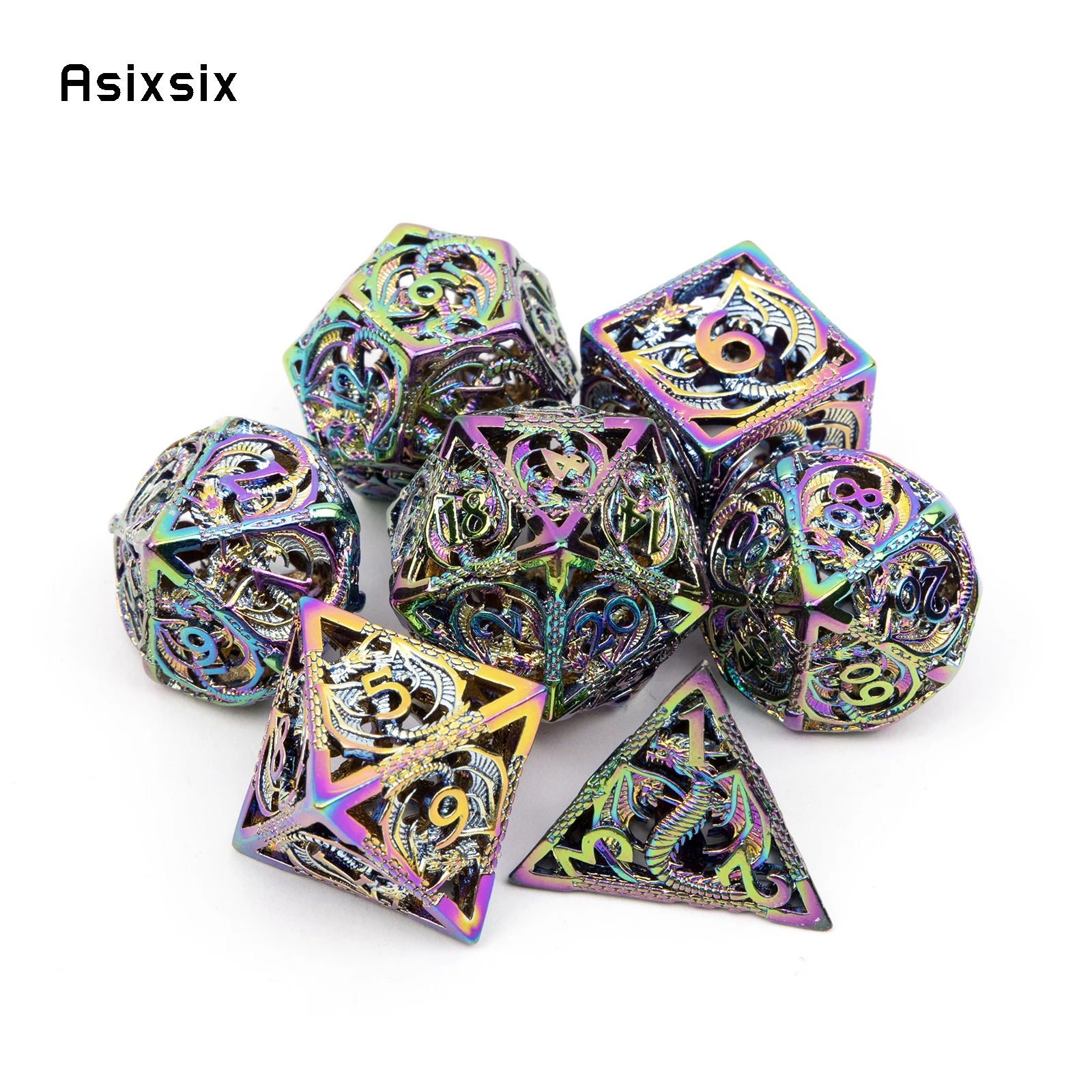 7 Pcs Silver Colorful Dragon Metal Dice Hollow Metal Polyhedral Dice Set Suitable for Role-Playing RPG  Board Game Card Game