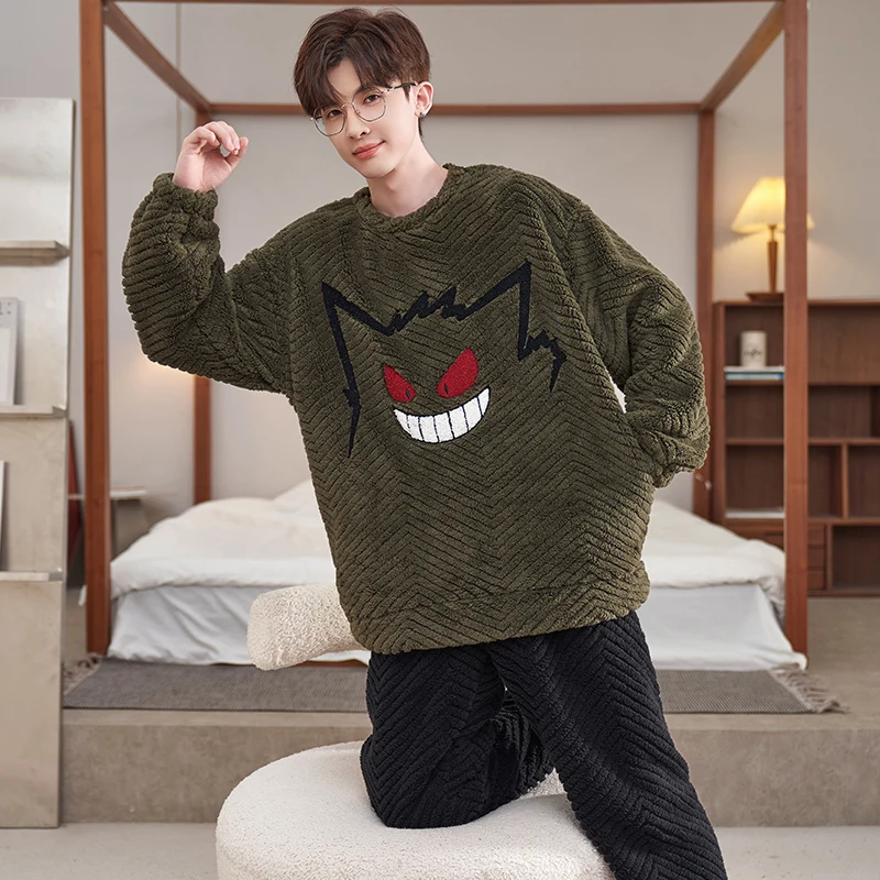 Adult Winter Anime Pajamas Set Men Plush Soft Thick Pyjamas Suit Sleepwear Korean Loose Homewear Cartoon Pyjamas Suit Male Warm