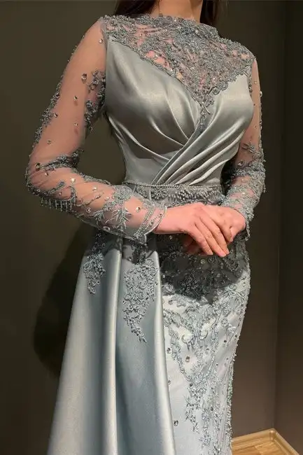 Gorgeous Gray Long Sleeve Gem Mermaid Stretch Satin Ball Dress Elegant Appliqué Gem Neck Confident Evening Gown